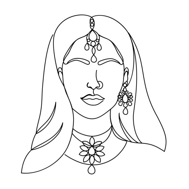 Indian woman in a modern one line style. Portrait in a modern one line art of an Indian woman isolated on white background. Hand drawn continuous line art vector illustration. Continuous one line drawing. head and shoulders logo stock illustrations