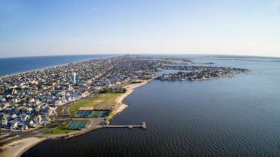 Aerial view of resort town and recreational area along the New Jersey coastline