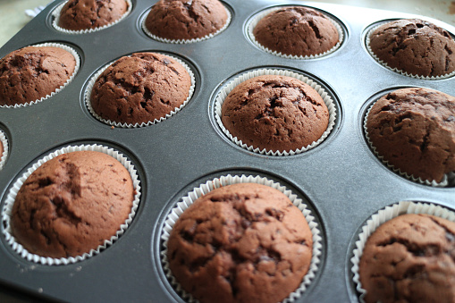 Chocolate chip muffins in a baking pan