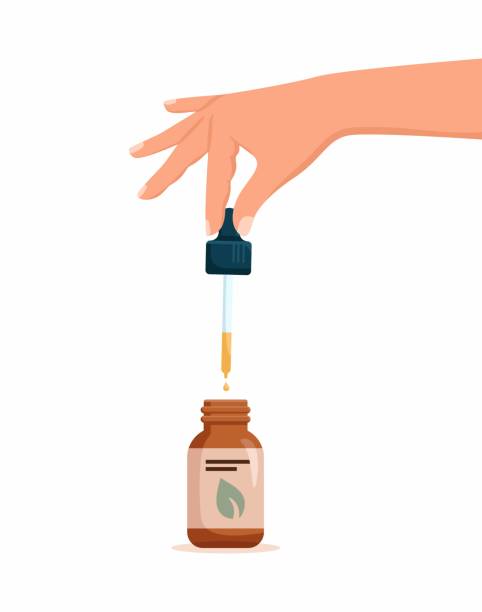 エッセンシャルオイルとドロップオイルをドロッパーボトルに落とすピペットを持つ女性の手 - herbal medicine recovery herb human hand点のイラスト素材／クリップアート素材／マンガ素材／アイコン素材