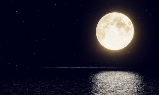 full moon Reflected on the surface of the sea or ocean. The night of the 15th lunar day or the Mid-Autumn Festival The stars fill the sky. super moon golden yellow beautiful nature. 3D rendering full moon Reflected on the surface of the sea or ocean. The night of the 15th lunar day or the Mid-Autumn Festival The stars fill the sky. super moon golden yellow beautiful nature. 3D rendering fantasy moonlight beach stock pictures, royalty-free photos & images