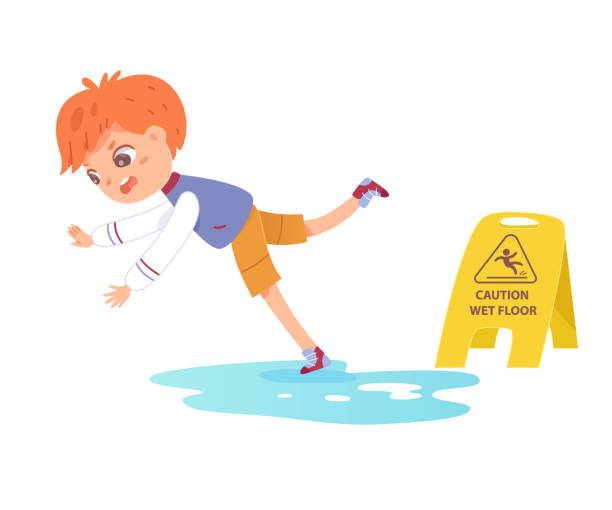 Boy slipping on clean slippery floor vector illustration. Cartoon little character stumbling, falling down in public area with puddle of water, caution wet floor accident sign isolated on white. Boy slipping on clean slippery floor vector illustration. Cartoon little character stumbling, falling down in public area with puddle of water, caution wet floor accident sign isolated on white greasy water stock illustrations