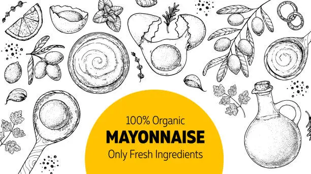Vector illustration of Mayonnaise sauce cooking and ingredients frame. Hand drawn sketch, vector illustration. Homemade mayonnaise sauce, design elements. Hand drawn package design. Oil and eggs.