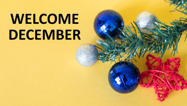 istock Welcome December text and Christmas decorations on yellow background 1350913229