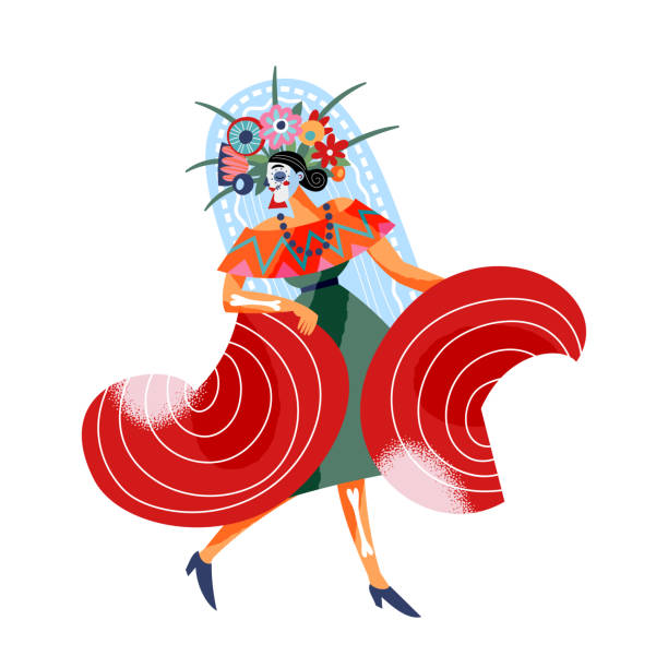 Mexican Day of Dead, Dia de los Muertos, dancing Calavera Catrina in traditional costume Mexican Day of Dead, Dia de los Muertos and dancing Calavera Catrina character vector illustration. Cartoon dance of woman in traditional costume with ornament, makeup and flowers isolated on white clip art of a dead rose stock illustrations