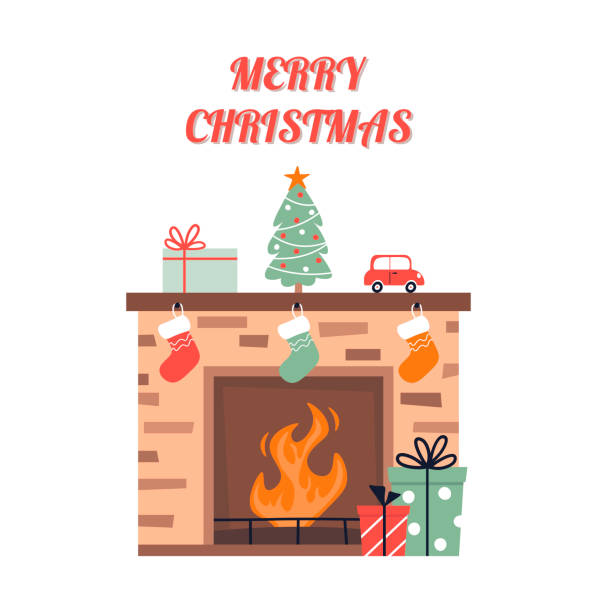 bildbanksillustrationer, clip art samt tecknat material och ikoner med merry christmas. fireplace with christmas socks. christmas tree and holiday decorations. new year card in flat style. vector illustration isolated on white background. - spiselhylla