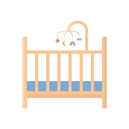 Baby cot isolated. Crib for child. Empty baby bed with carousel for nursery interior. Vector flat illustration.