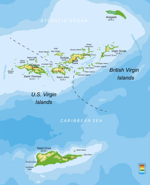 physische karte der amerikanischen und britischen jungferninseln - tortola stock-grafiken, -clipart, -cartoons und -symbole