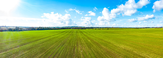 Aerial view of farmland near the village of Stony Stratford Nature Reserve, Milton Keynes in Buckinghamshire.