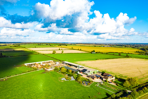 Aerial view of farmland near the village of Stony Stratford Nature Reserve, Milton Keynes in Buckinghamshire.