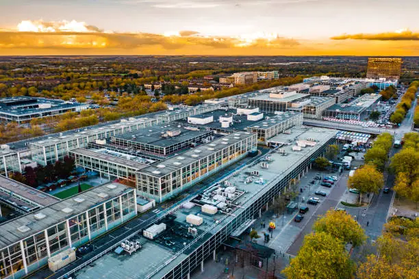 Drone view of Milton Keynes Central at sunset