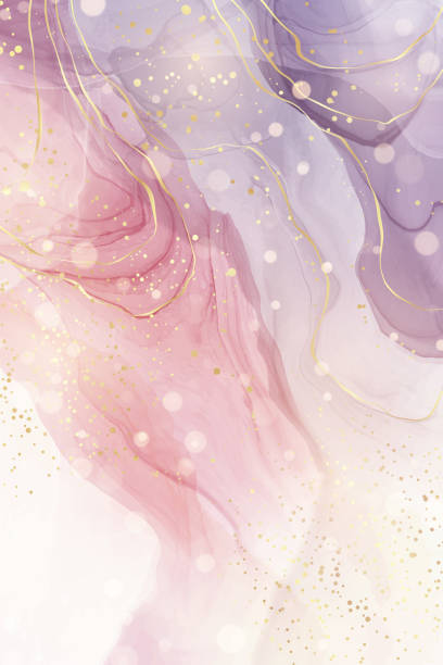 istock Abstract violet, crimson and grey liquid watercolor background with golden brushstrokes. Elegant fluid marble alcohol ink drawing effect with gold lines. Vector illustration for wedding invitation 1350918443