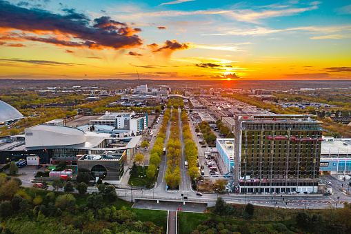 Drone view of Milton Keynes Central at sunset