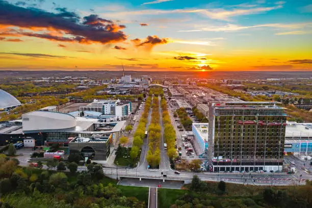 Drone view of Milton Keynes Central at sunset