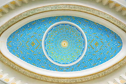 Ornate ceiling detail of Hazrat Imam Mosque in Tashkent Uzbekistan.