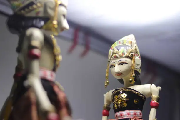 Close-up view of Wayang Golek or traditional Sundanese puppet arts made from wood from West Java, Indonesia.