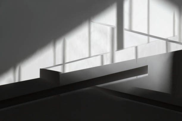 istock Windows and partitions with soft shadows. Digitally rendered composition of modern architecture fragments in black and white. 1350924925