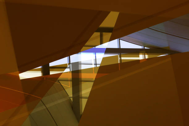 istock Computer graphic image of windows and yellow balconies. Futuristic architecture fragments with geometric structure. Abstract architectural background resembling split level interior of office building. 1350925288