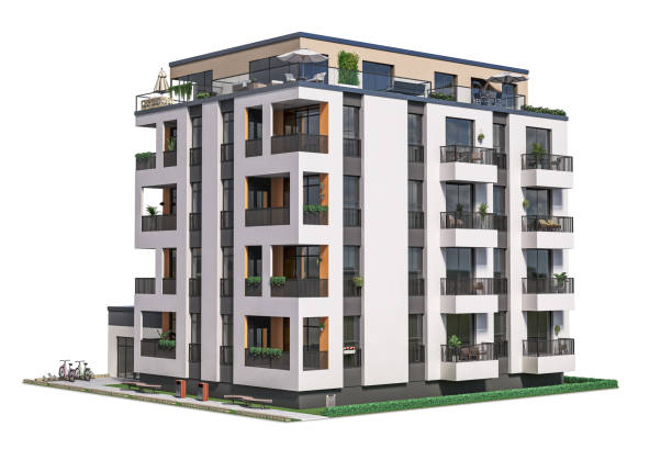 istock Modern residential building at the white background. 3d illustration 1350930986