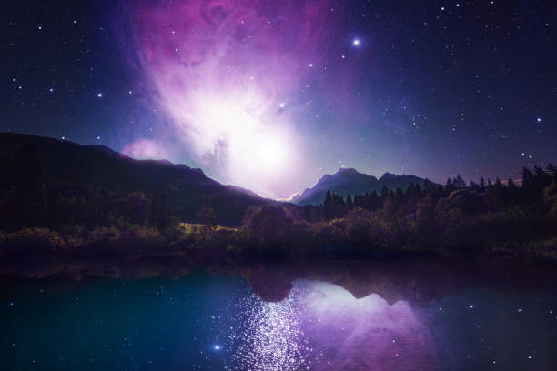 Fantasy lake among mountains reflecting a fantastic nebula