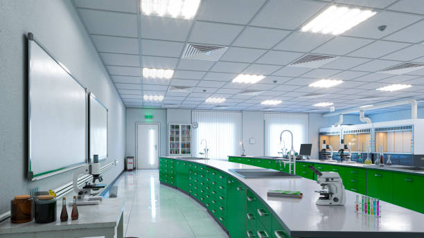 istock Light laboratory interior with equipment. 3d illustration 1350931127