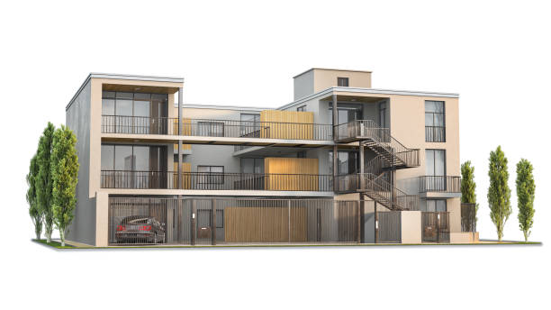 istock Modern residential building at the white background. 3d illustration 1350931816