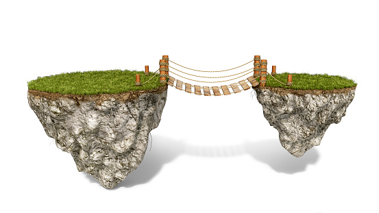 A hanging bridge connects two floating islands, isolated on white background, 3d illustration