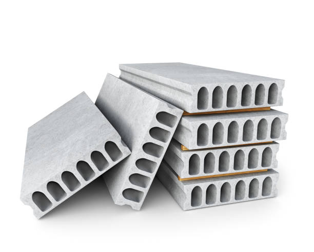 istock Concrete goods production: stack of large hollowcore slabs, 3d illustration 1350931956