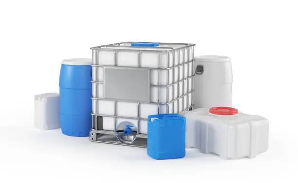 Photo of Plastic water tanks in different form on a white background. 3d illustration