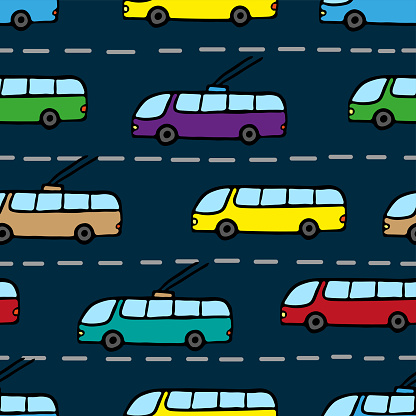 Bright multicolored buses and trolleybuses isolated on a blue background. Childish cute seamless pattern. Side view. Vector flat graphic hand drawn illustration. Texture.