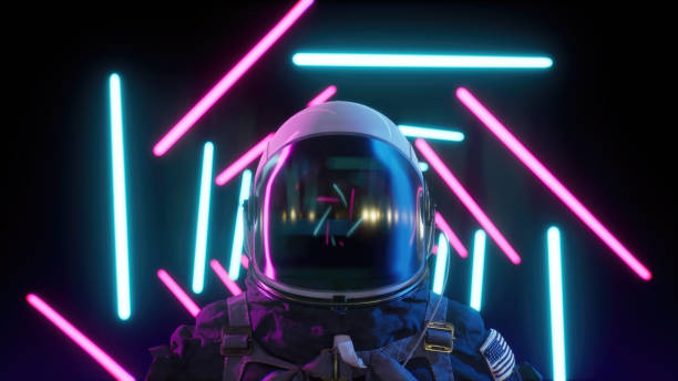 istock Retrowave astronaut among neon laser beams. Futuristic background 3d render 1350935396
