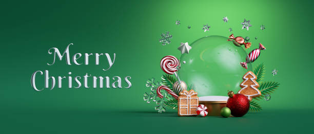 istock 3d render. Christmas green background with empty glass ball mockup, decorated with festive ornaments. Winter holiday card with greeting text. Horizontal New Year wallpaper 1350938128