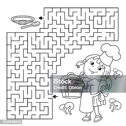 istock Maze or Labyrinth Game. Puzzle. Coloring Page Outline Of cartoon girl chef with large pot. Little cook or scullion. Profession. Coloring book for kids. 1350938832