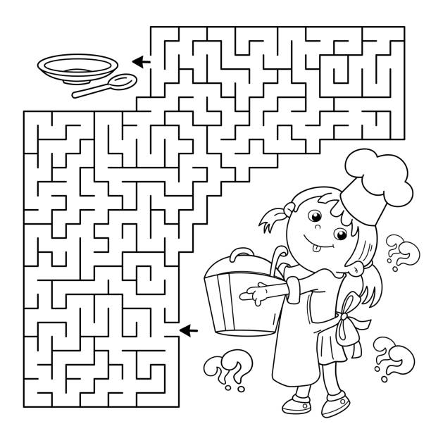 Maze or Labyrinth Game. Puzzle. Coloring Page Outline Of cartoon girl chef with large pot. Little cook or scullion. Profession. Coloring book for kids. Maze or Labyrinth Game. Puzzle. Coloring Page Outline Of cartoon girl chef with large pot. Little cook or scullion. Profession. Coloring book for kids. kids coloring pages stock illustrations
