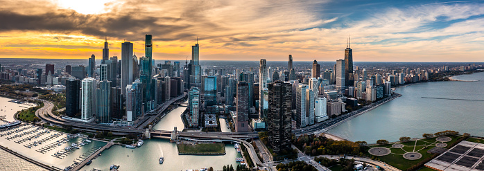 Chicago, IL, USA - September 25, 2021: An aerial view of the Chicago River towards downtown and the River North neighborhood.