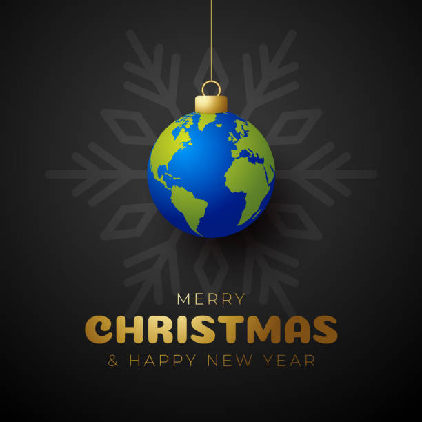 istock planet earth Christmas ball card. Merry Christmas world greeting card. Hang on a thread earth planet as a xmas ball bauble on black background. world Vector illustration. 1350940827