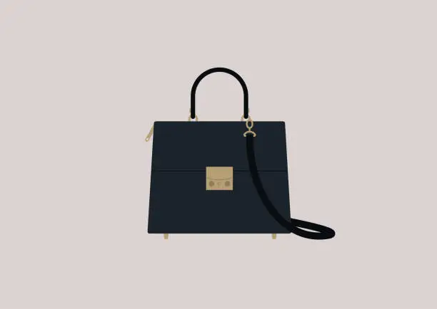 Vector illustration of Black leather bag with golden elements, classic style