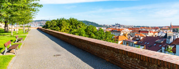 vista del castello di praga da vysehrad con lussureggianti alberi primaverili verdi, praga, repubblica ceca - hradcany castle prague czech republic spring foto e immagini stock