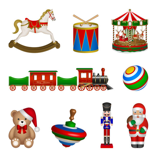 stockillustraties, clipart, cartoons en iconen met set of isolated christmas toys - hobbelpaard