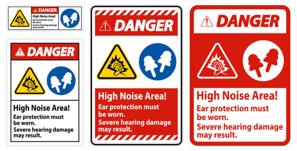 경고 표지판 높은 소음 영역 귀 보호 착용 해야 합니다., 심한 청력 손상 발생할 수 있습니다. - audible stock illustrations