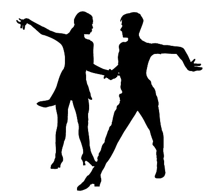 Silhouettes of a couple of teenagers in ballroom dancing training