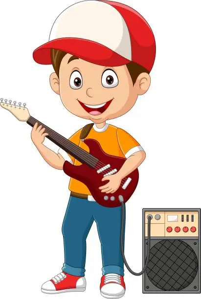 Vector illustration of Cartoon little boy playing electric guitar