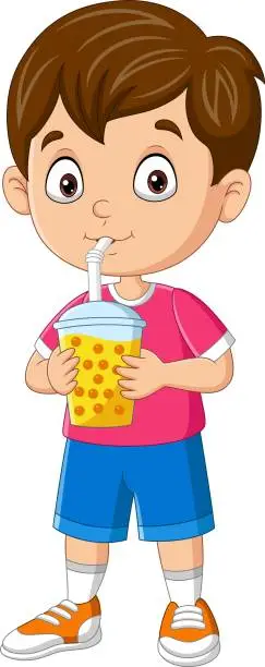 Vector illustration of Cartoon little boy drink bubble milk tea