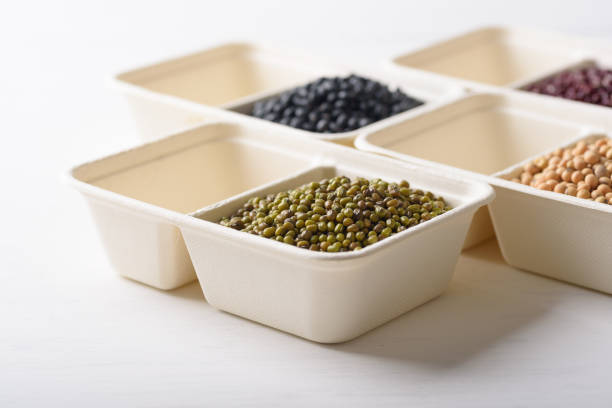 Mung beans in compostable cardboard box stock photo