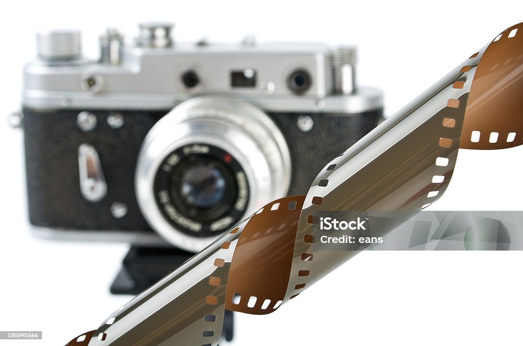 Photo film Film with old camera on background Black Color Stock Photo