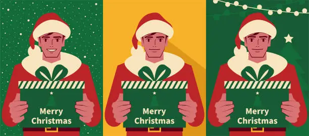 Vector illustration of Happy handsome young men dressed in a Santa Claus suit holding a Christmas present, with three backgrounds