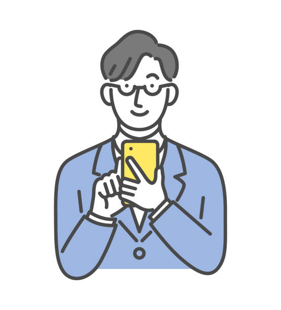 ilustrações, clipart, desenhos animados e ícones de homem de terno operando um smartphone - asian ethnicity businessman white background holding