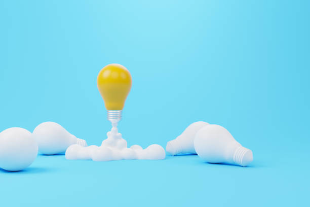 creative thinking ideas and innovation concept. rocket light bulb flying on group of another lightbulb. 3d render illustration - light bulb business wisdom abstract imagens e fotografias de stock