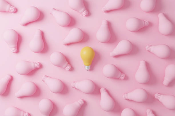 istock Pattern light bulb yellow outstanding among lightbulb group. Concept of creative idea and innovation, Unique, Think different, Individual and standing out from the crowd. 3d render illustration 1350966523