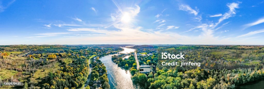 Aerial townscape and Trent River, Hastings, Canada Hastings, Canada. Panoramic Stock Photo